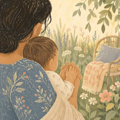 Spring Garden Prayer with Mother and Child
