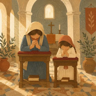 Mother and Child Praying in Winter Chapel