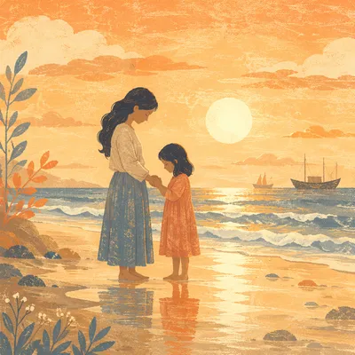 Mother and Child Praying at Golden Shore