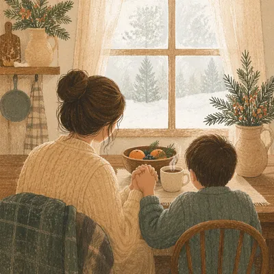 Mother and Child Praying in Winter Light