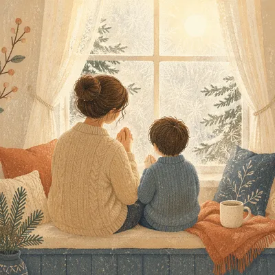 Mother and Child Praying by Winter Window