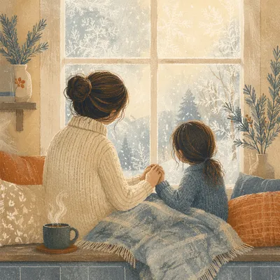Mother and Child Praying by Winter Window