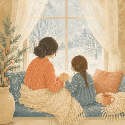 Mother and Child Winter Prayer by Window