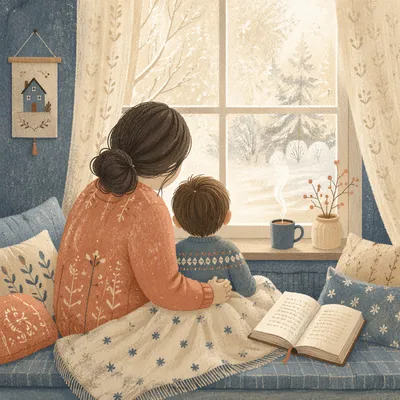 Mother and Child Praying by Winter Window