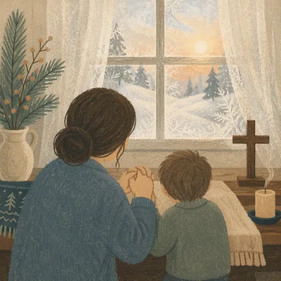Mother and Child Praying by Winter Window