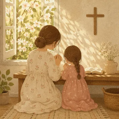 Mother and Child Praying in Spring Light