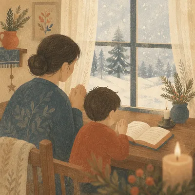 Mother and Child Praying by Winter Window