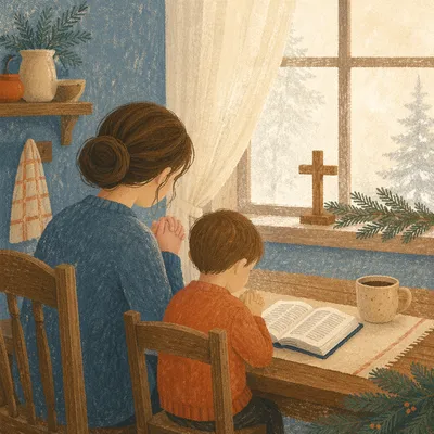 Mother and Child Praying by Winter Window