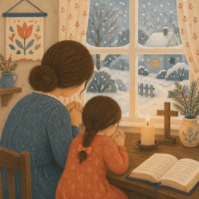 Mother and Child Praying by Winter Window