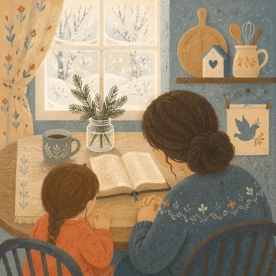 Mother and Child Praying in Winter Light