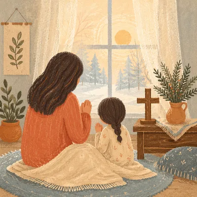 Mother and Child Praying in Winter Light