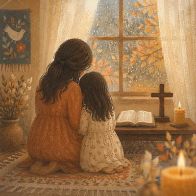 Mother and Child Praying in Autumn Light