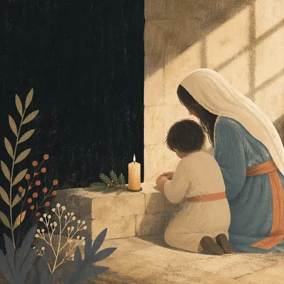 Mother and Child Praying in Soft Winter Light