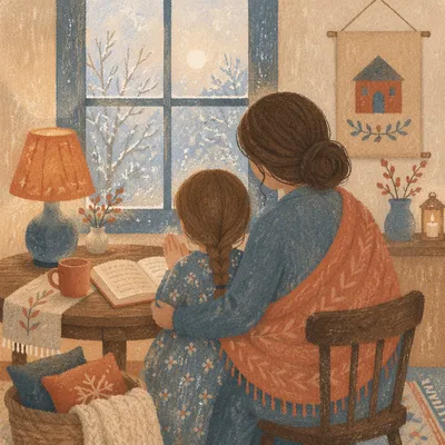 Mother and Child Praying in Winter Light