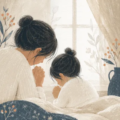 Mother and Child Praying in Winter Light