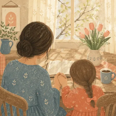 Mother and Child Praying in Spring Light
