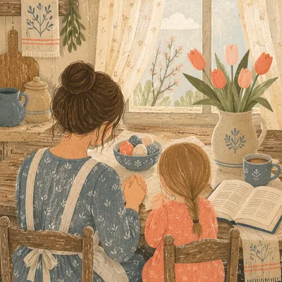 Mother and Child Praying in Spring Light