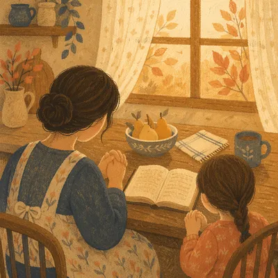 Mother and Child Praying in Autumn Light