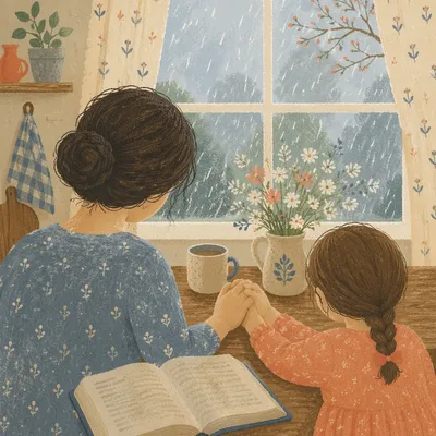 Mother and Child Praying in Spring Light