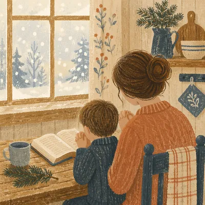 Mother and Child Praying in Winter Light