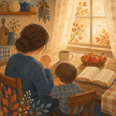 Mother and Child Praying in Autumn Light