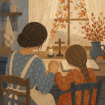 Mother and Child Praying in Autumn Light