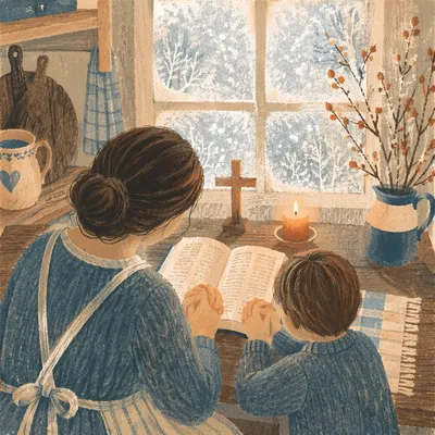 Mother and Child Praying in Winter Light