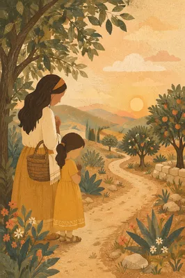 Mother and Child Praying on Garden Path