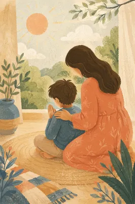 Mother and Child Praying in Spring Light