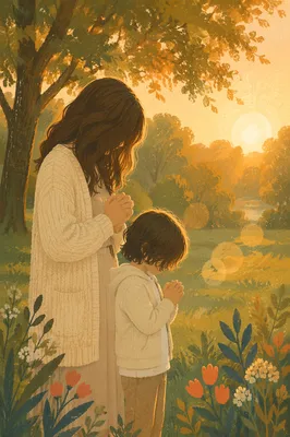 Mother and Child Praying in Golden Park