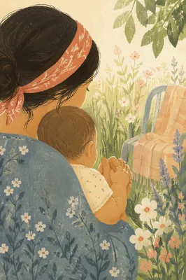 Mother and Infant Praying in Spring Garden