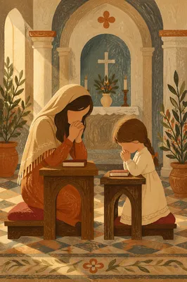 Mother and Child Praying in Winter Chapel