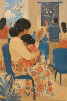 Mother Praying With Child in Spring Gathering
