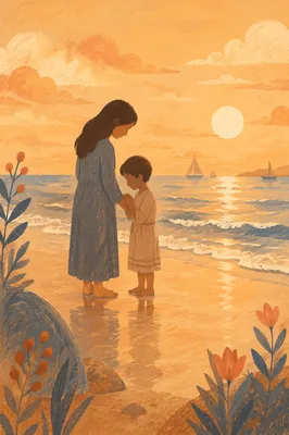 Mother and Child Praying at Golden Shore