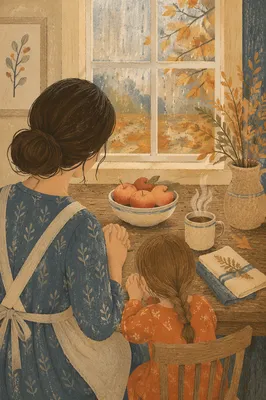 Mother and Child Prayer by Autumn Window