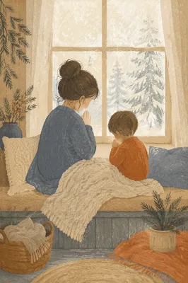 Mother and Child Winter Prayer by Window