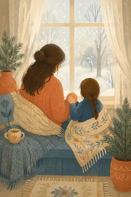 Mother and Child Prayer by Winter Window