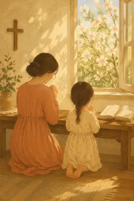 Mother and Child Praying in Spring Light