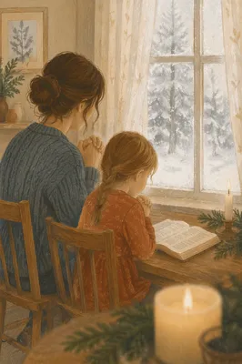 Mother and Child Praying by Winter Window