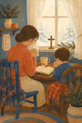 Mother and Child Praying by Winter Window