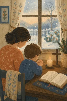 Mother and Child Praying by Winter Window
