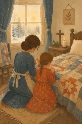 Mother and Child Praying on Winter Morning