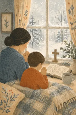 Mother and Child Praying by Winter Window