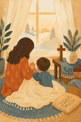 Mother and Child Praying in Winter Light