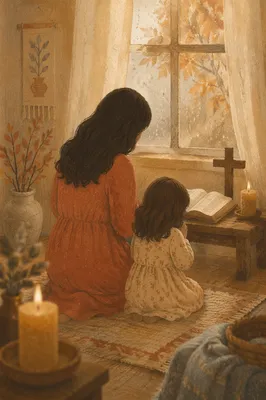 Mother and Child Praying in Autumn Light