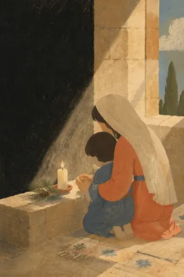 Mother and Child Praying in Soft Chapel Light
