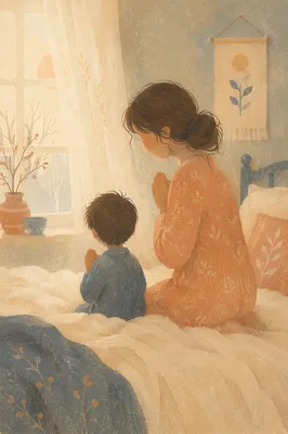 Mother and Child Praying in Winter Morning Light