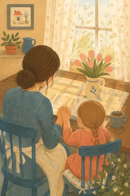 Mother and Child Praying in Spring Light