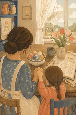 Mother and Child Praying in Spring Light