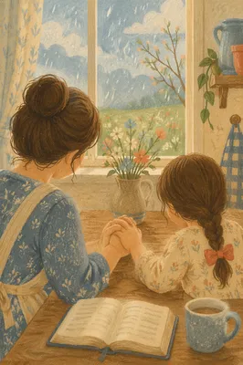 Mother and Child Praying in Spring Light